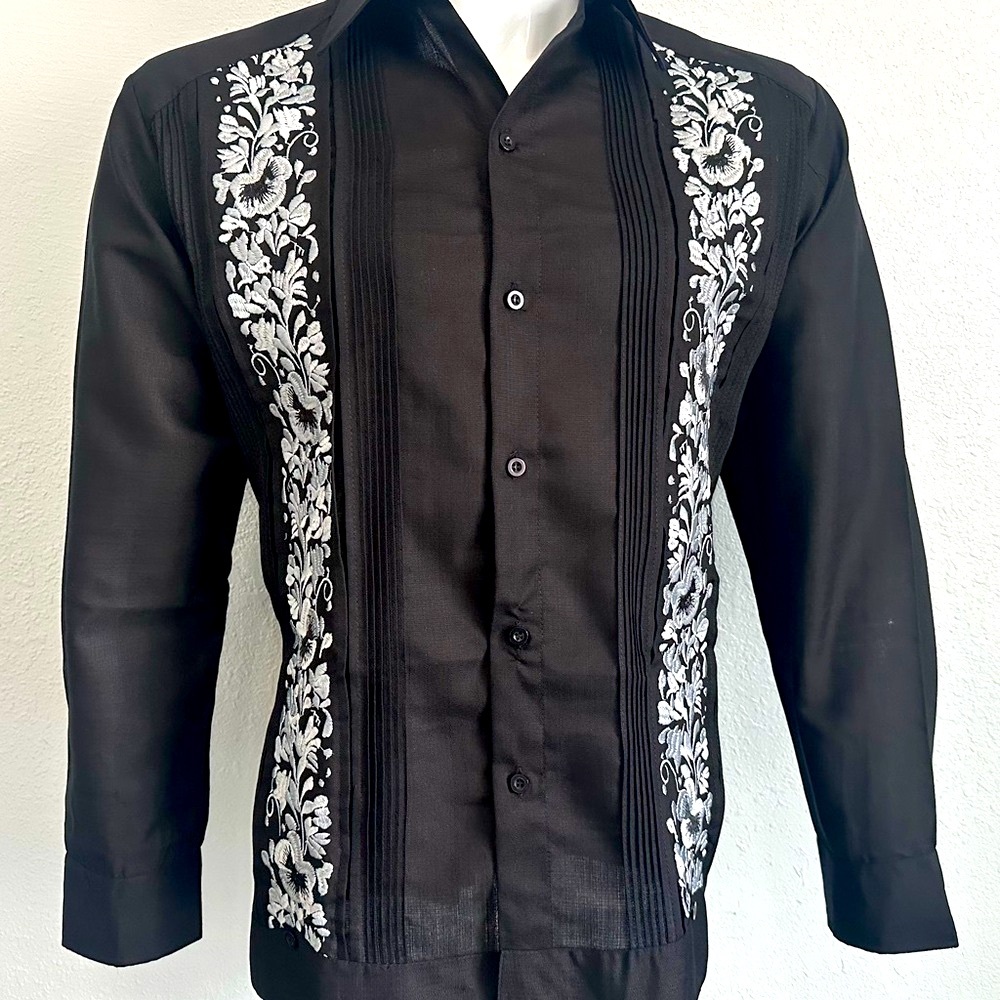 Guayabera Men Dress Shirt Black Linen Long Sleeve Silver Embroidery